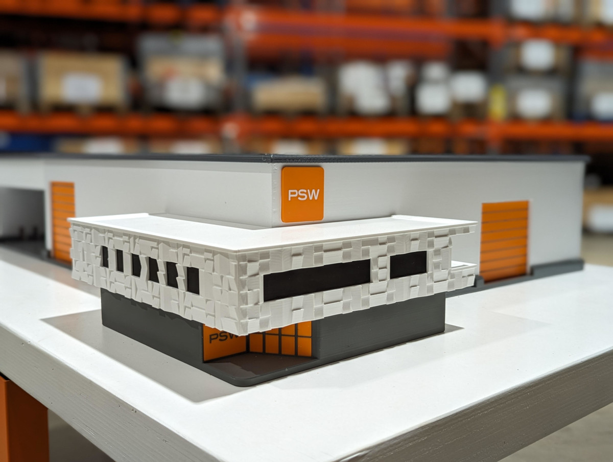 1:100 scale model of PSW workshop in Mongstad, Norway - 3D printed and assembled by Norshapes
